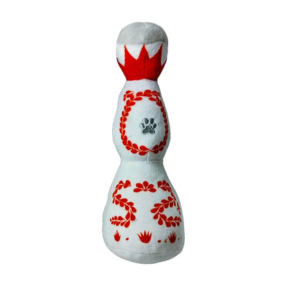 Colorful plush wine bottle-shaped talking toy for dogs and cats by Fetch & Feature, soft, vibrant, and interactive pet plush toy.
