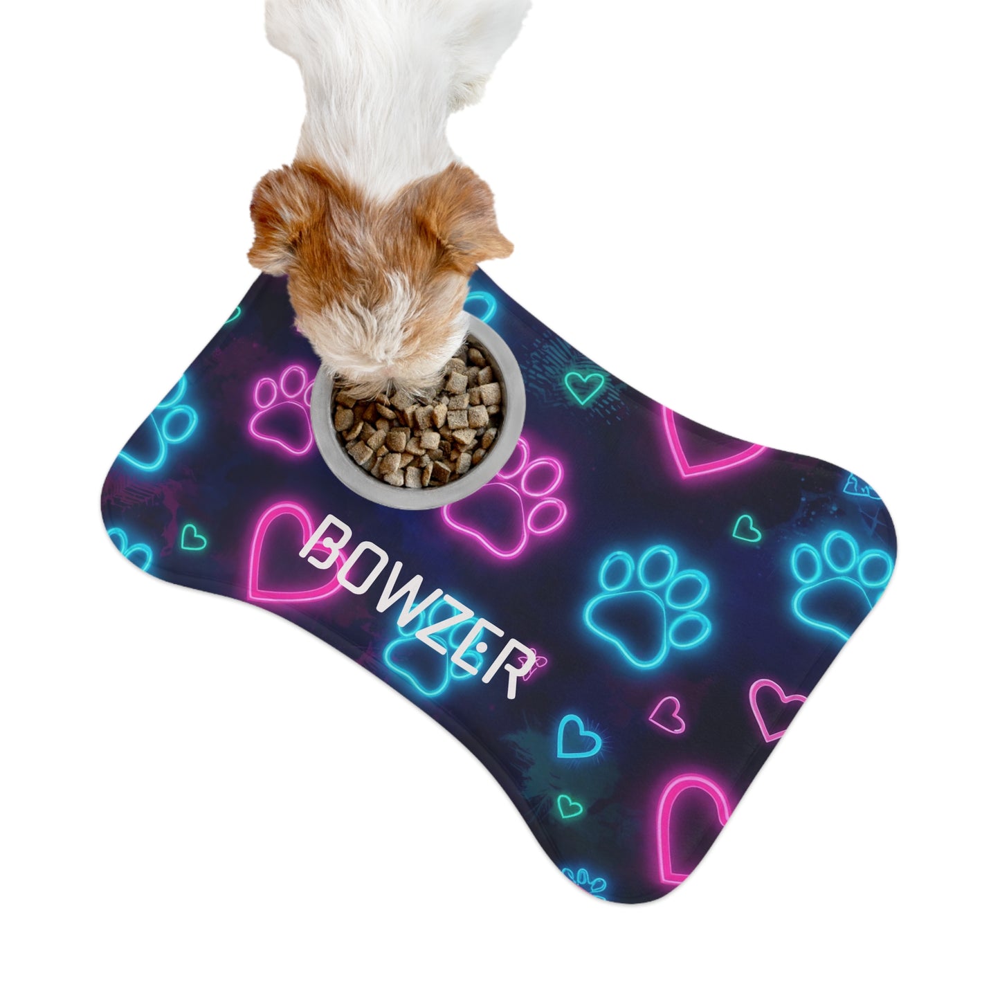 Personalized neon paws pet feeding mat with colorful design, made for pets, from Printify.