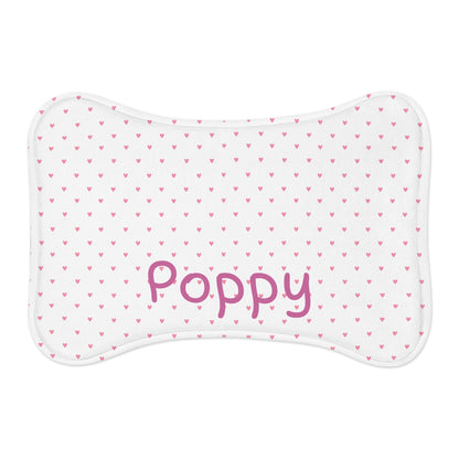 Personalized pet feeding mat with mini heart pattern, ideal for pets, featuring colorful printed design by Printify.