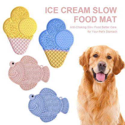 Fetch & Feature pet silicone slow feeder mat for cats and dogs with puzzle design, lick pad, anti-slip suction cups, ideal for wet food and snacks.