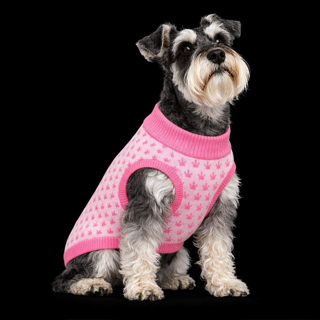 Pink knitted pet sweater featuring a princess design, perfect for small dogs, by Fetch & Feature.