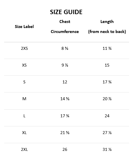Size guide for Fetch & Feature knitted pet sweater with varsity stripe, showing fit options for small to large dogs.