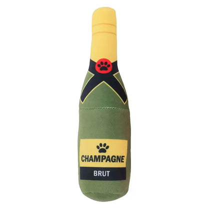 Fetch & Feature plush alcohol bottle-shaped dog chew toy with sound, soft and fun for pet entertainment.