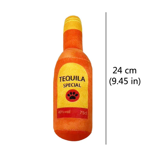 Fetch & Feature plush dog toy shaped like a beer bottle with squeak sound, suitable for small and large dogs to chew and play.