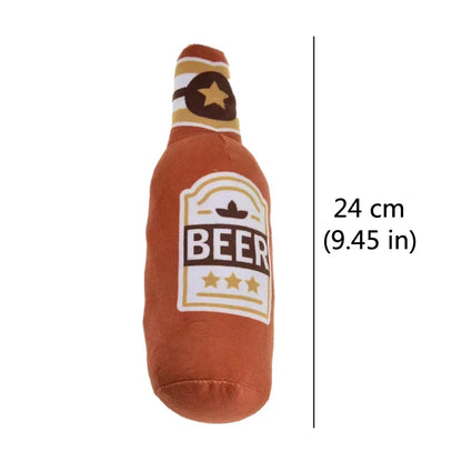 Fetch & Feature plush dog toy shaped like a beer bottle, squeaks, and is designed for small and large dogs to chew and play.