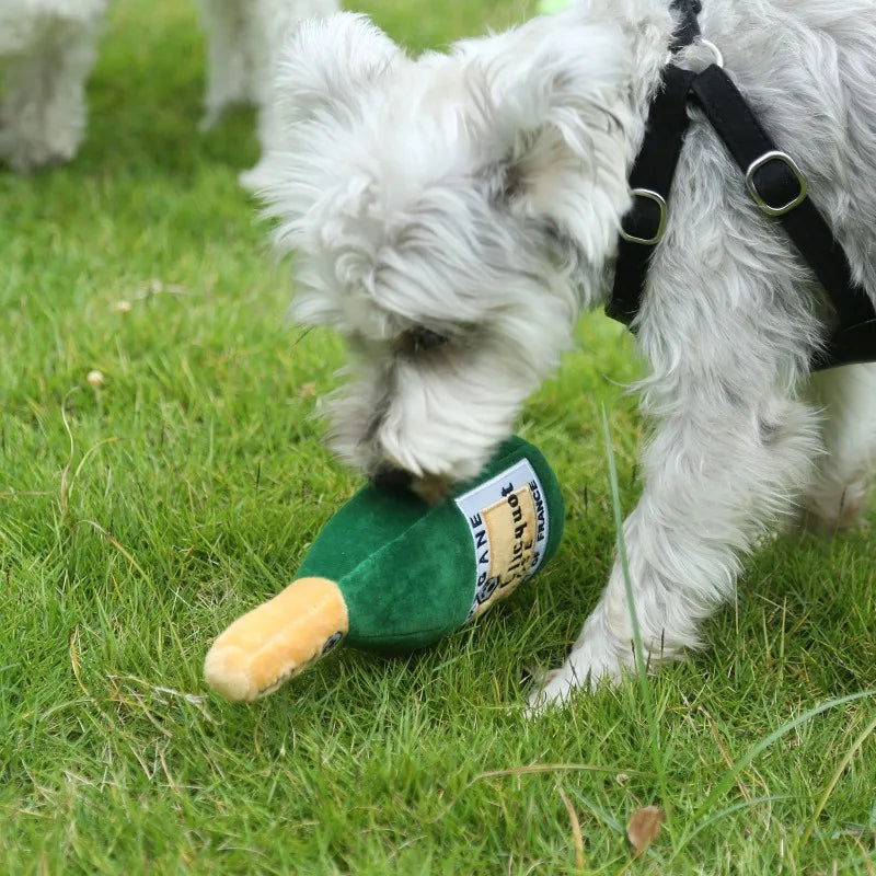 Yellow wine bottle-shaped dog toy from Fetch & Feature, bite-resistant, safe for all breeds, interactive sound, machine washable pet toy