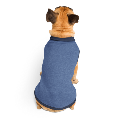 Blue knitted pet sweater from Fetch & Feature, featuring denim accents, designed for small dogs to keep them warm and stylish.