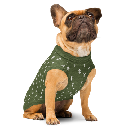 Knitted Forest Flower Pet Sweater for small dogs by Fetch & Feature, showing the front and side view in natural knit fabric.